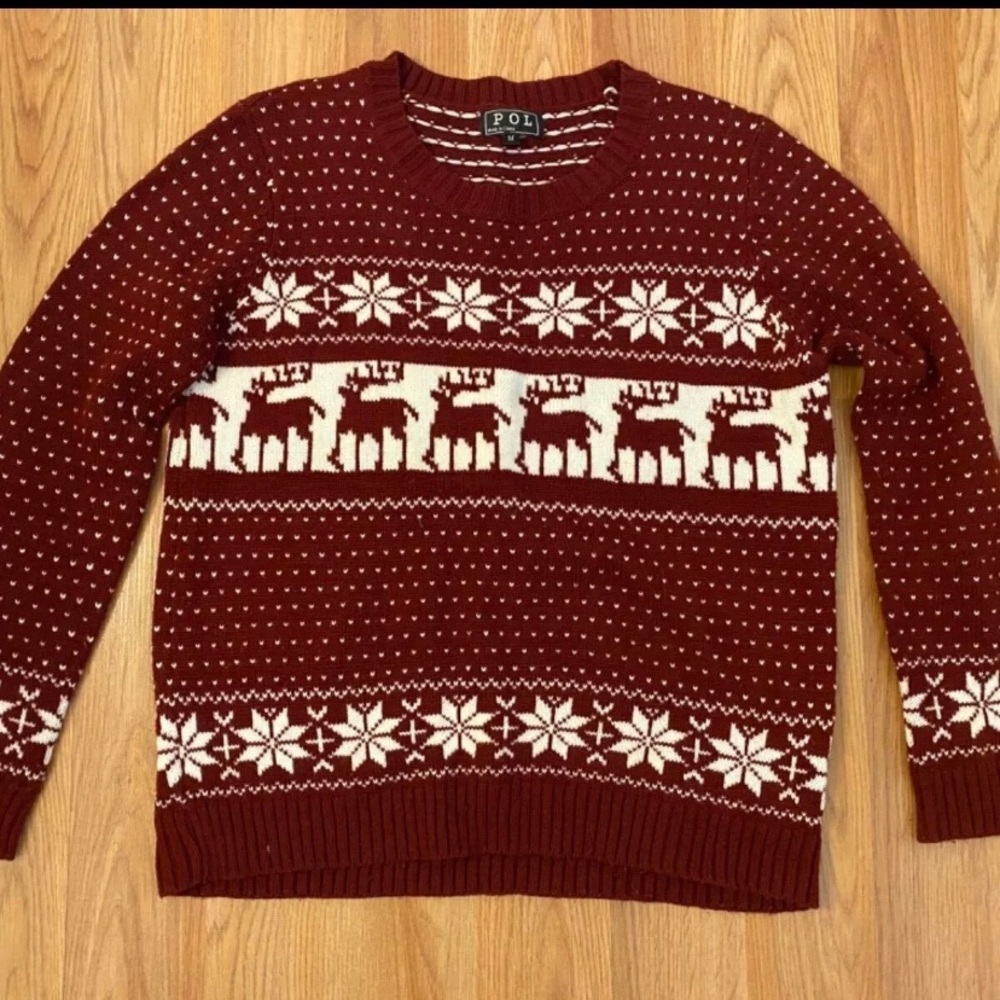 POL Women's Fair Isle Christmas Sweater Reindeer Snowflakes Holiday Red Medium - Picture 2 of 4